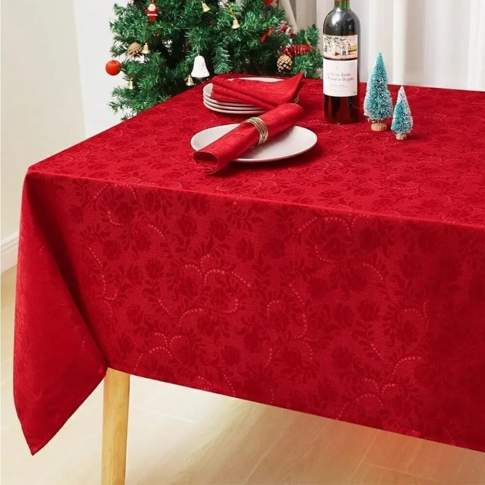 Rectangle Christmas RedTablecloth 60x84 Inch Waterproof Damask Jacquard Cloth